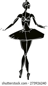Silhouette ballerina black color on a white background. A woman dressed in a tutu. Wearing Pointe shoes.