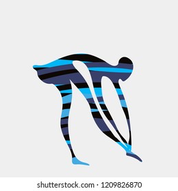 Silhouette ballerina dancer young slim elegant girl logo symbol vector figure with abstract geometric pattern stripes blue on white background isolate