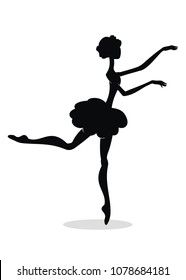 Silhouette of ballerina. Dancing girl. Beautiful woman. Young princess or fairy. Classical ballet. Black figure on white background. Cartoon character. Vector illustration. 