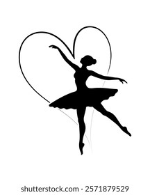 Silhouette of a ballerina dancing gracefully inside a heart-shaped design.