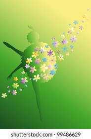 Silhouette of a ballerina and flowers on a green background.