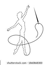 Silhouette of ballerina with interrupted embroidered contour, sewing thread and needle. Young graceful dancing woman. Black isolated vector illustration on white background