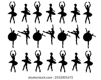 A silhouette of a ballerina mid-pirouette, her tutu outlined with flowing lines resembling petals. The background consists of soft, abstract swirls symbolizing movement and grace