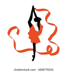 Silhouette of ballerina with orange ribbon and dress. Young graceful dancing woman. Isolated vector illustration on white background