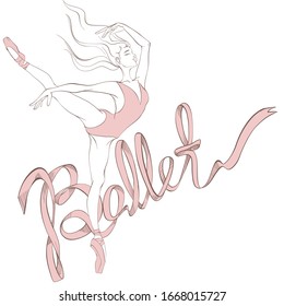 Silhouette of ballerina in pointe and leotard with long hair in dance and the inscription from satin ribbons Ballet. Colorful vector illustration and lettering