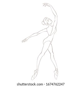 Silhouette of ballerina in pointe, swimsuit in dance, with hair bun. Line art vector illustration