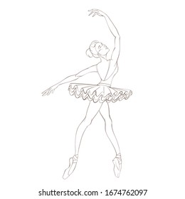 Silhouette of ballerina in pointe, swimsuit and tutu skirt in dance, with hair bun. Line art vector illustration