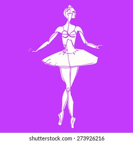 Silhouette of a ballerina in white on a pink background. A woman dressed in a tutu. Wearing Pointe shoes.