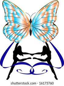 Silhouette Ballerinas dancing with a Butterfly and Ribbons Vector