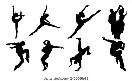 Silhouette of ballet, breakdance, and couple dancing