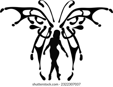 Silhouette de una bailarina de ballet formando el cuerpo de una mariposa, dentro de una mariposa rodeada de alas de mariposa. Dibujo abstracto vectorial negro de una mariposa humana sobre un fondo claro