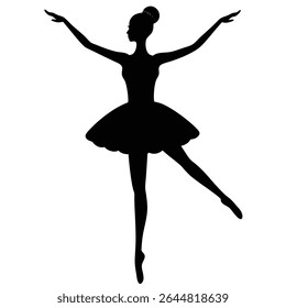Silhouette of a ballet dancer in a tutu elegantly posing with her arms raised. Her hair is neatly in a bun, and her pointed toes add to the graceful posture on a transparent background.