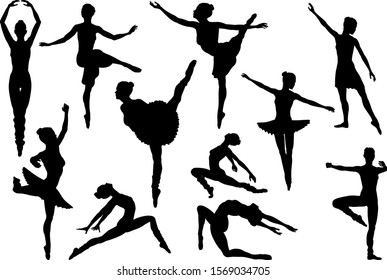 Silhouette ballet dancer woman dancing in various poses and positions