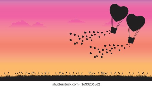 Silhouette balloon heart shape flying on sunset background, Valentines Day greeting card, Holiday party, Banner, Poster, Vector illustration flat design