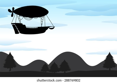 Globo de silueta y barco volando en el cielo