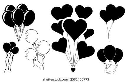 Silhouette Balloons Assortment, A Collection of Black and White Balloon Graphics for Celebrations and Design Projects that evokes happiness and love