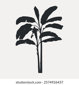 Silhouette of a banana tree with large leaves and a bunch of bananas. The banana tree silhouette stands tall, showcasing its distinct leaves and fruit. Vintage style art, isolated vector.