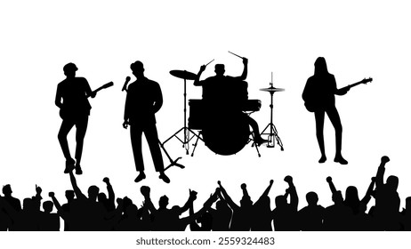 Silhouette of a band on a concert stage and audience.