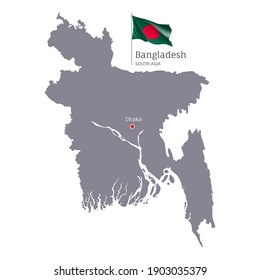 Silhouette of Bangladesh country map. Gray editable map of Bangladesh with waving national flag and Dhaka city capital, South Asia country territory borders vector illustration on white background