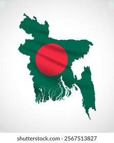 Silhouette of Bangladesh map filled with the Bangladeshi flag design, symbolizing national pride, cultural heritage, and geographic significance.  
