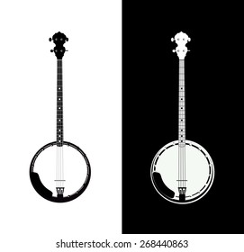 Silhouette of Banjo - folk music instrument in black and white colors, Grayscale Vector Illustration isolated on white and black background