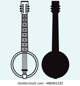 Silhouette of Banjo, Musical string instrument. Isolated on blue background. Vector silhouettes