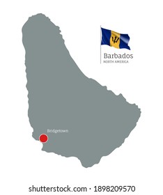 Silhouette of Barbados country map. Gray editable map with waving national flag and Bridgetown city capital, North America country territory borders vector illustration on white background