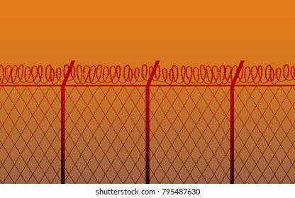 Silhouette barbed wire fence in flat icon design on yellow color background