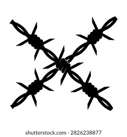 Silhouette of barbed wire fencing with sharp points and twisted metal strands, symbolizing security, restriction, or boundary demarcation.