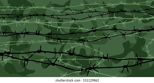 silhouette of the barbed wire on the background of a camouflage