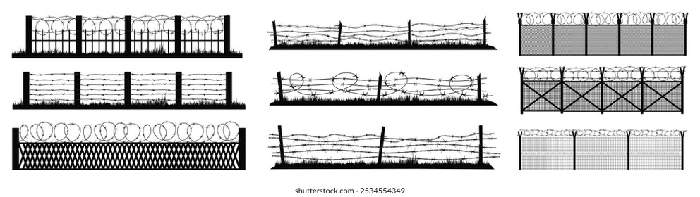 Silhueta de arame farpado e estaca de madeira no terreno conjunto vetor
