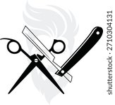 A silhouette of barber scissors and a straight razor against the background of a bearded man