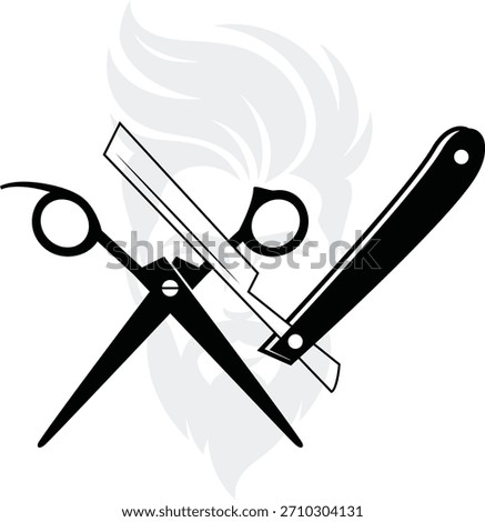 A silhouette of barber scissors and a straight razor against the background of a bearded man's hair - professional barbershop logo design