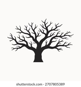 Silhouette of a bare, deciduous tree with intricate branches against a white background, symbolizing winter or dormancy.
