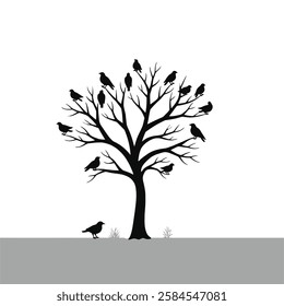 A silhouette of a bare, deciduous tree with numerous crows perched on its branches and in flight. The crows are depicted as simple, black shapes against a plain white background. 