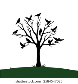 A silhouette of a bare, deciduous tree with numerous crows perched on its branches and in flight. The crows are depicted as simple, black shapes against a plain white background. 