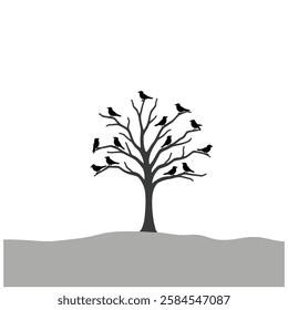 A silhouette of a bare, deciduous tree with numerous crows perched on its branches and in flight. The crows are depicted as simple, black shapes against a plain white background. 