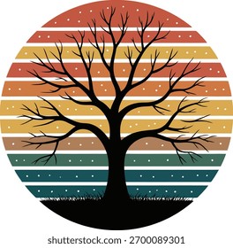 Silhueta de uma árvore nua contra um pôr do sol vibrante, retro-estilo com listras horizontais.