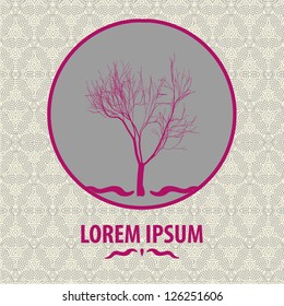 Silhouette of bare tree in the circle in the center of cover design. Cover is filled with ornate seamless pattern