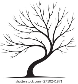 Silueta de un árbol desnudo con tronco curvo y ramas intrincadas contra un fondo blanco. Ilustración de naturaleza minimalista y elegante.