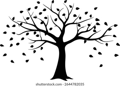 Silhouette Of A Bare Tree With Falling Leaves - Premium Design Element