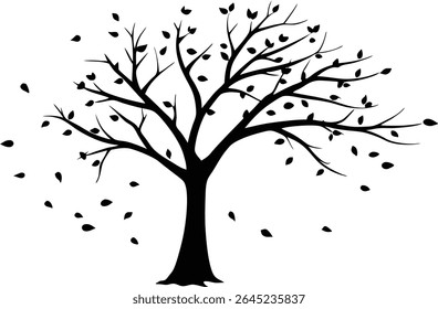 Silhouette Of A Bare Tree With Falling Leaves - High Quality Vector Graphic