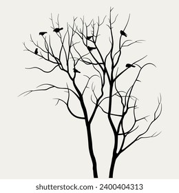 Silhouette of the bare tree. Leafless branches with sitting birds. Vector illustration isolated on white background