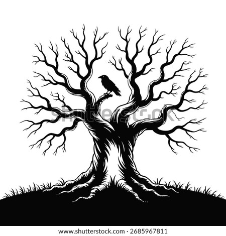Silhouette of a Bare Tree with a Raven Perched on a Branch against a White Background Mystical and Ominous