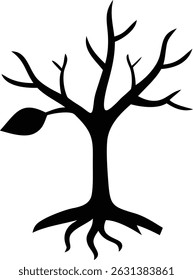 Silhouette Of A Bare Tree With A Single Floating Leaf