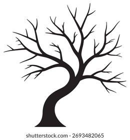 Silueta de árbol desnudo con tronco retorcido sobre un fondo blanco