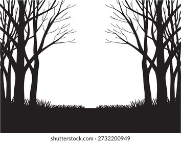 Silueta de árboles desnudos y tierra herbosa