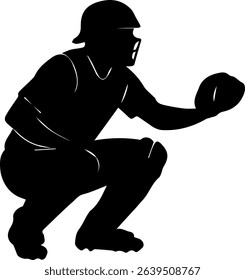 A silhouette of baseball catcher in crouched position, wearing protective gear and holding mitt