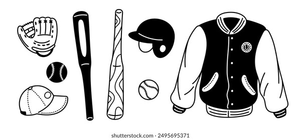 Iconos de béisbol de silueta. Uniforme deportivo. Casco y chaqueta deportiva. Equipo de juego. Guante de cuero y vendajes. Servir y golpear la bola. Gorra deportista. Vector chillón