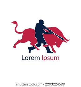 Silhouette of a baseball man and a bull.